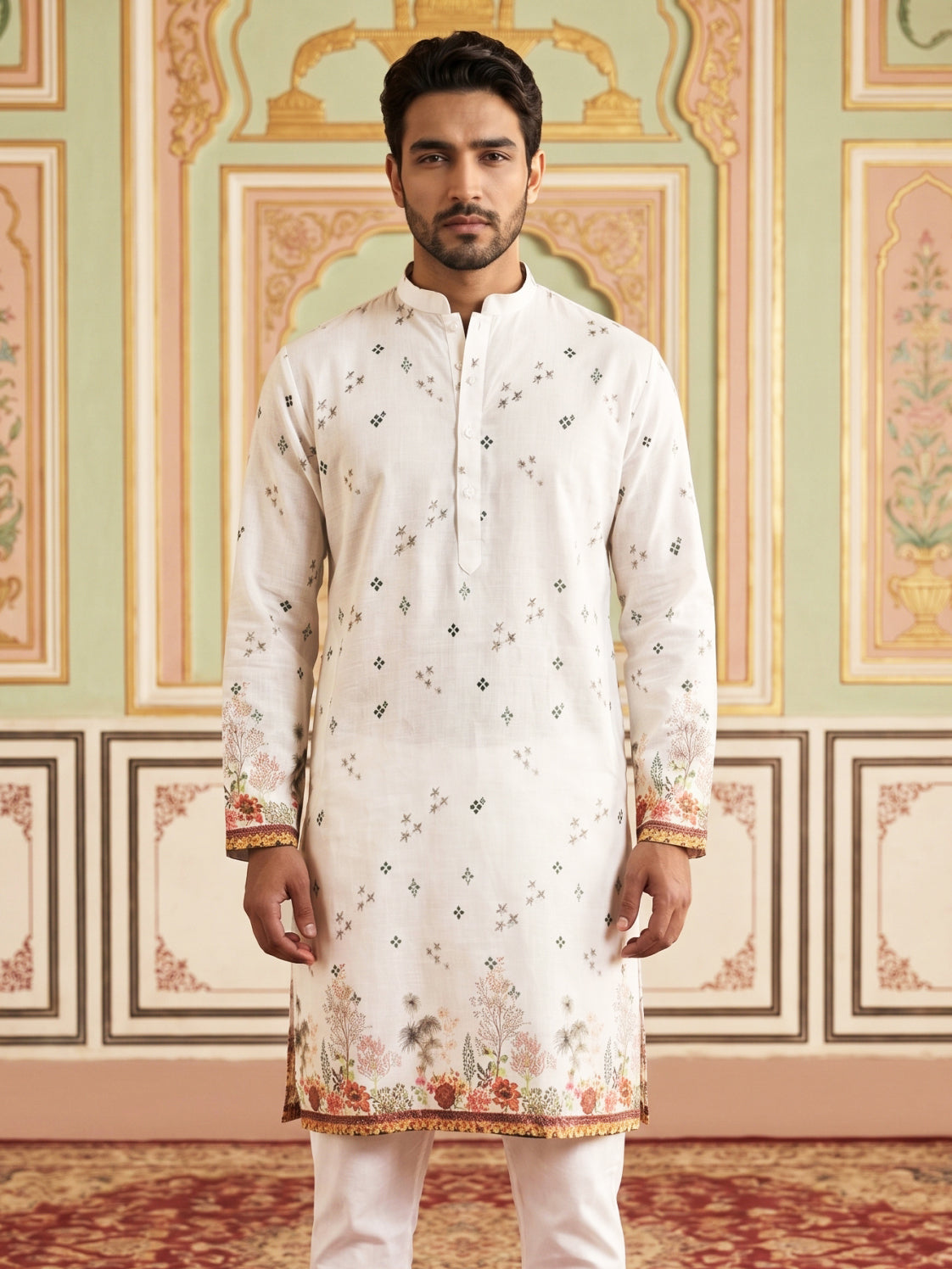 DesiQlo Men Printed Kurta Only - White - 65KO_5419White_S