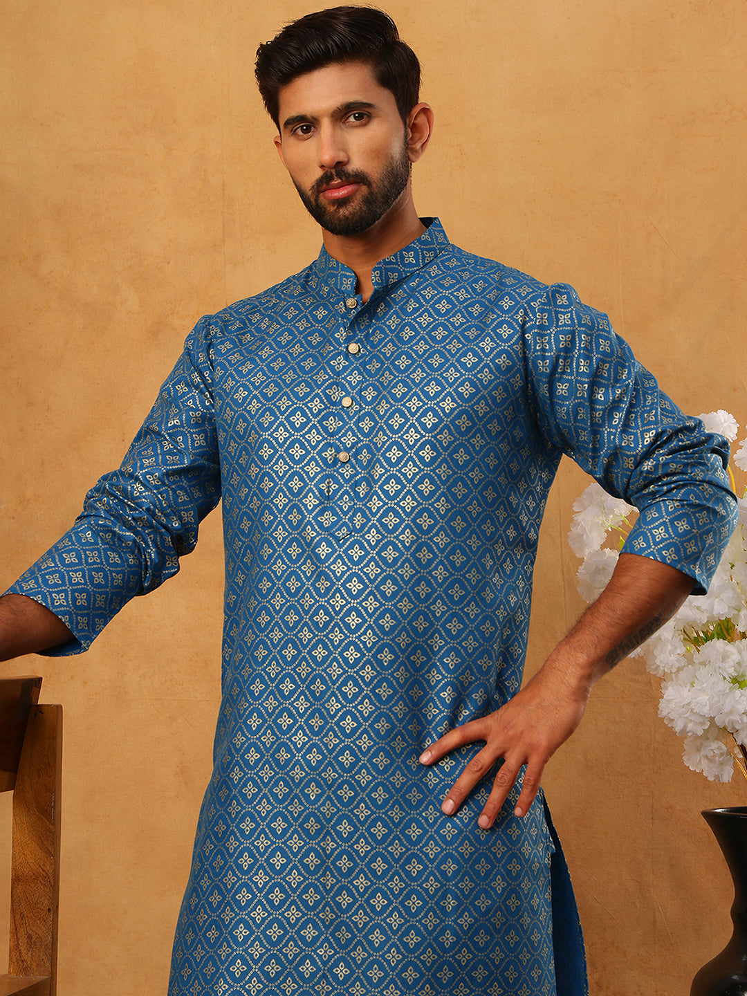 DesiQlo Men Floral Kurta Only - Blue - 65KO_5421Blue_S