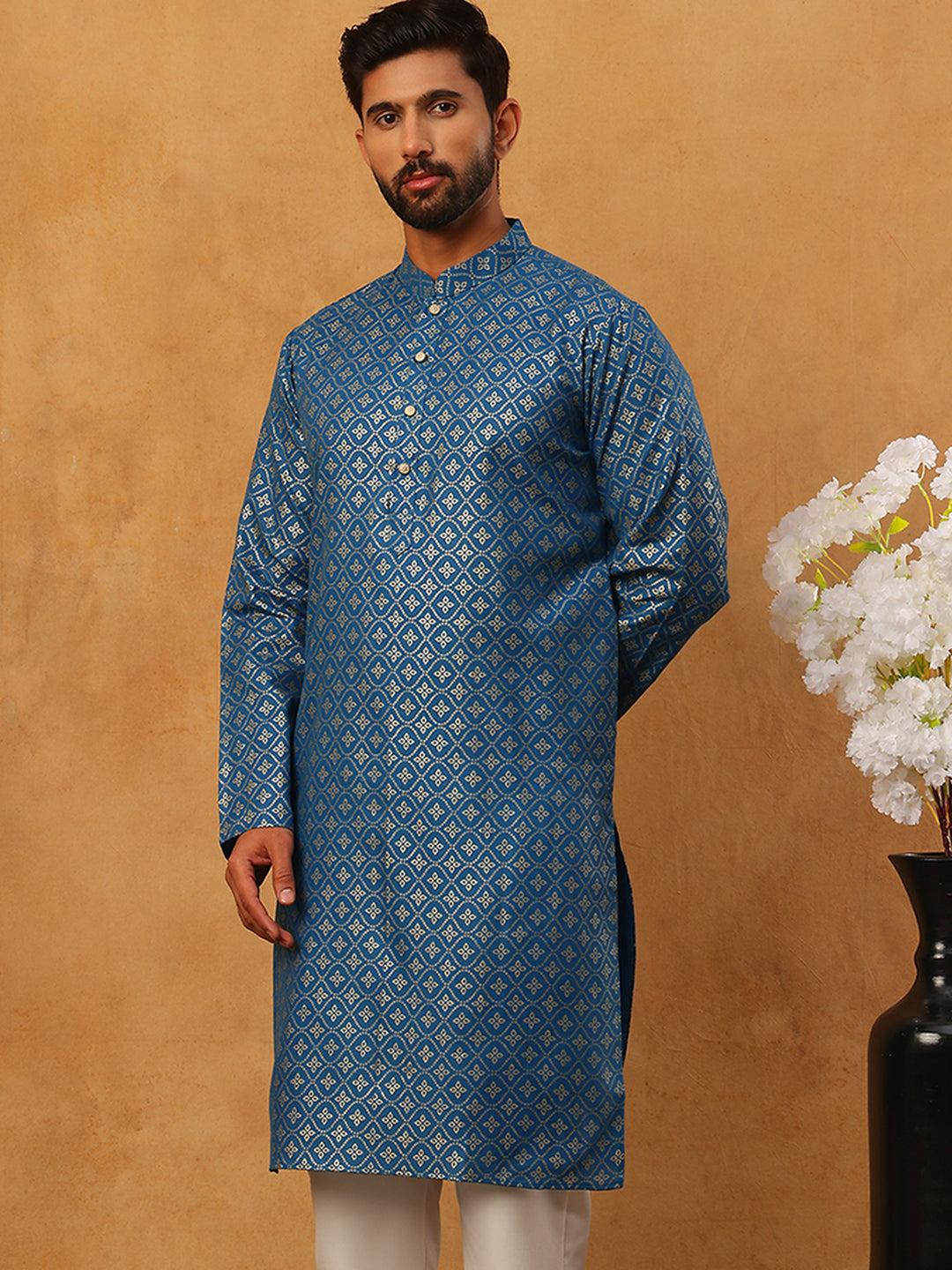 DesiQlo Men Floral Kurta Only - Blue - 65KO_5421Blue_S