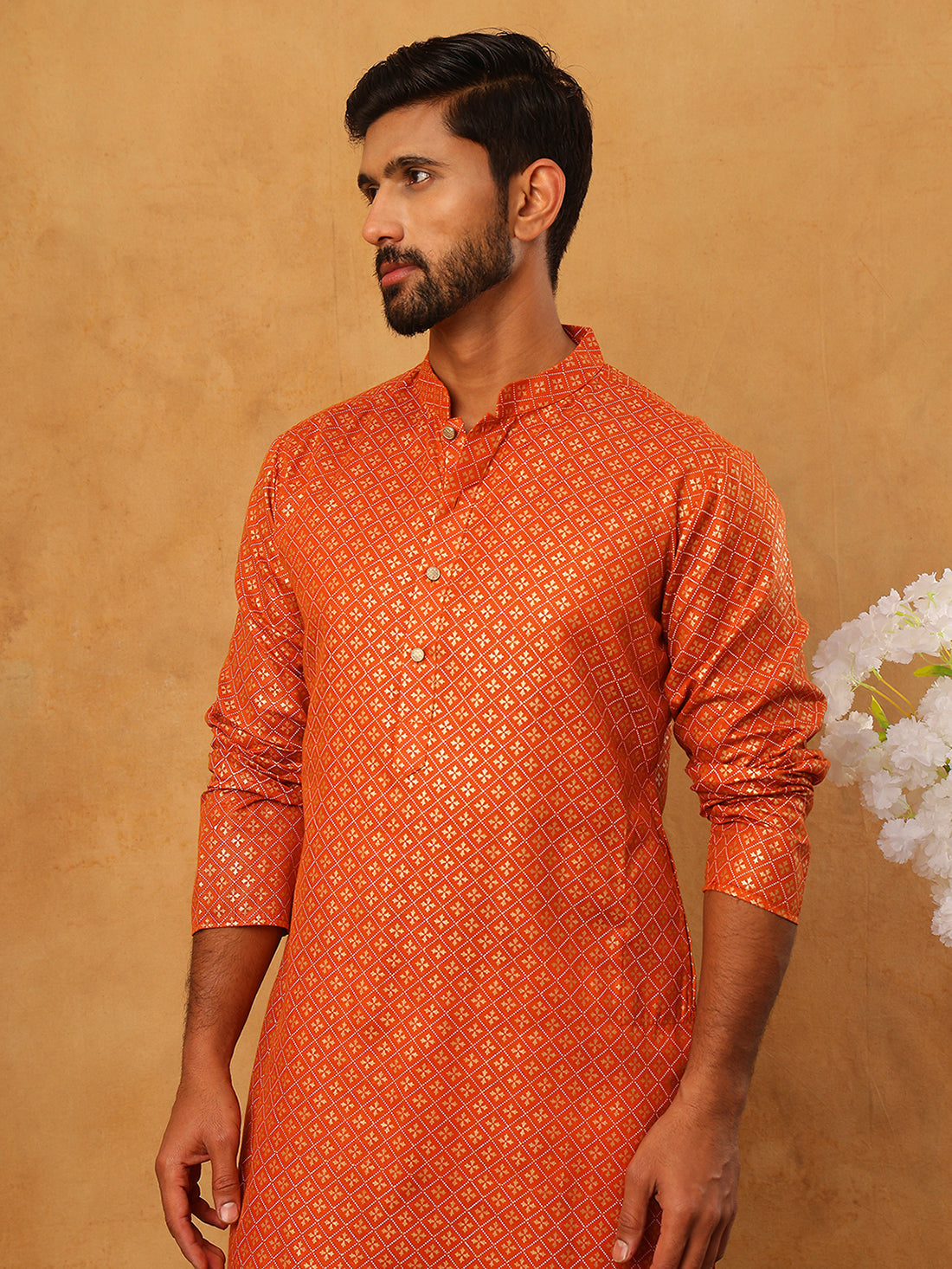 DesiQlo Men Floral Kurta Only - Orange - 65KO_5421Orange_S
