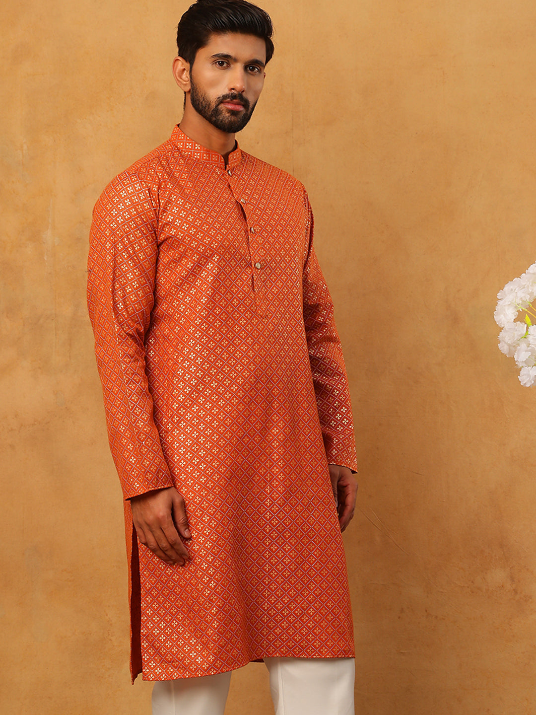 DesiQlo Men Floral Kurta Only - Orange - 65KO_5421Orange_S