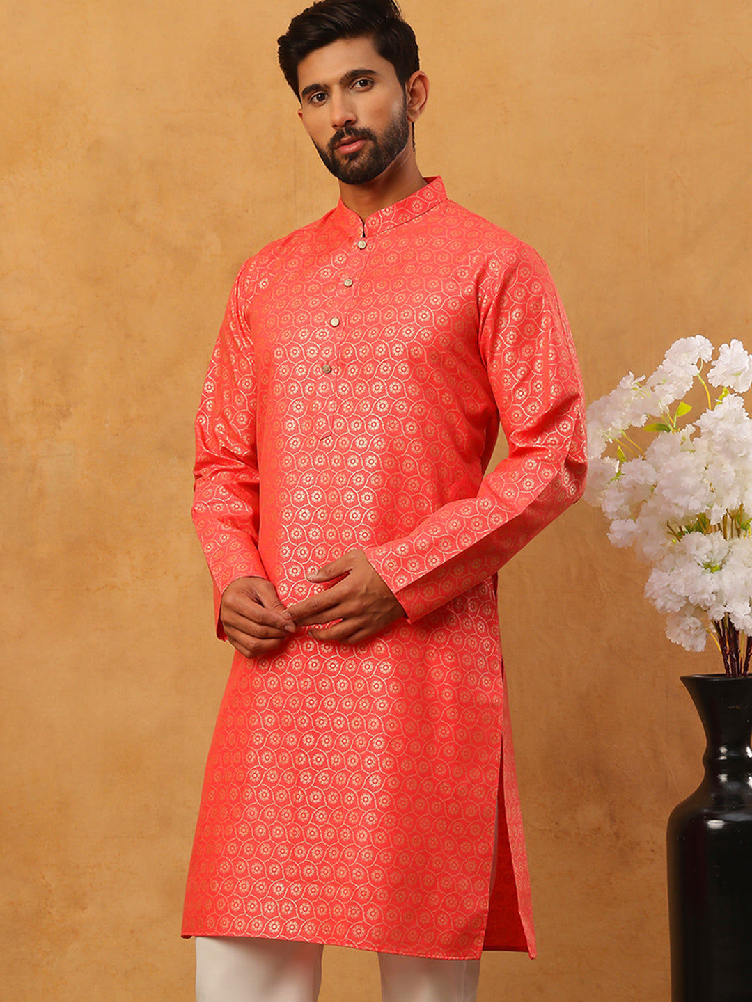DesiQlo Men Floral Kurta Only - Orange - 65KO_5421Peach_S