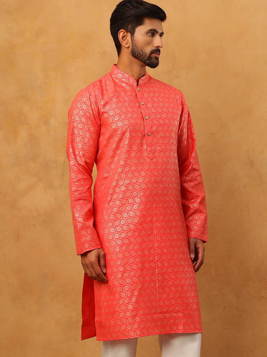 DesiQlo Men Floral Kurta Only - Orange - 65KO_5421Peach_S