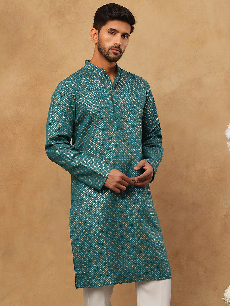 DesiQlo Men Printed Kurta Only - Multicolor - 65KO_5421Sea-Green_S