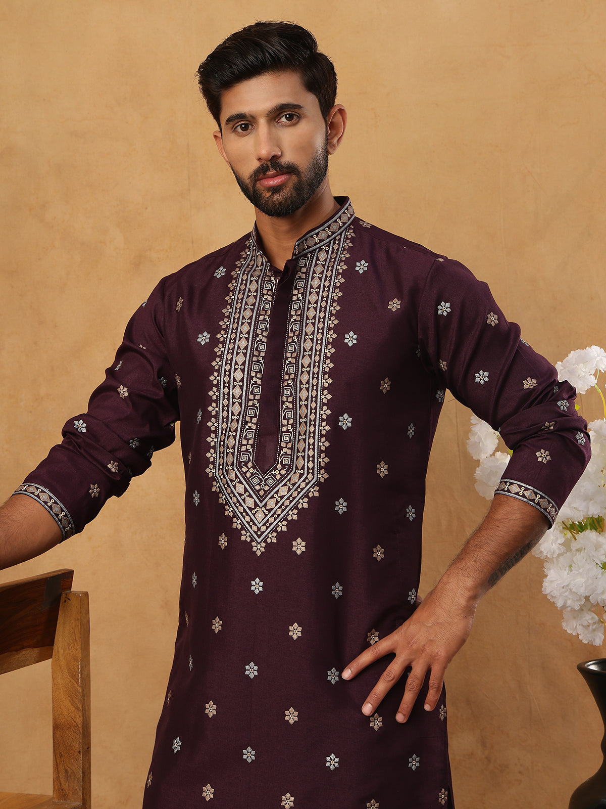 Ethnic Silk Blend Foil Print Kurta (65KO 5422 Purple ) [FF] [J-1]