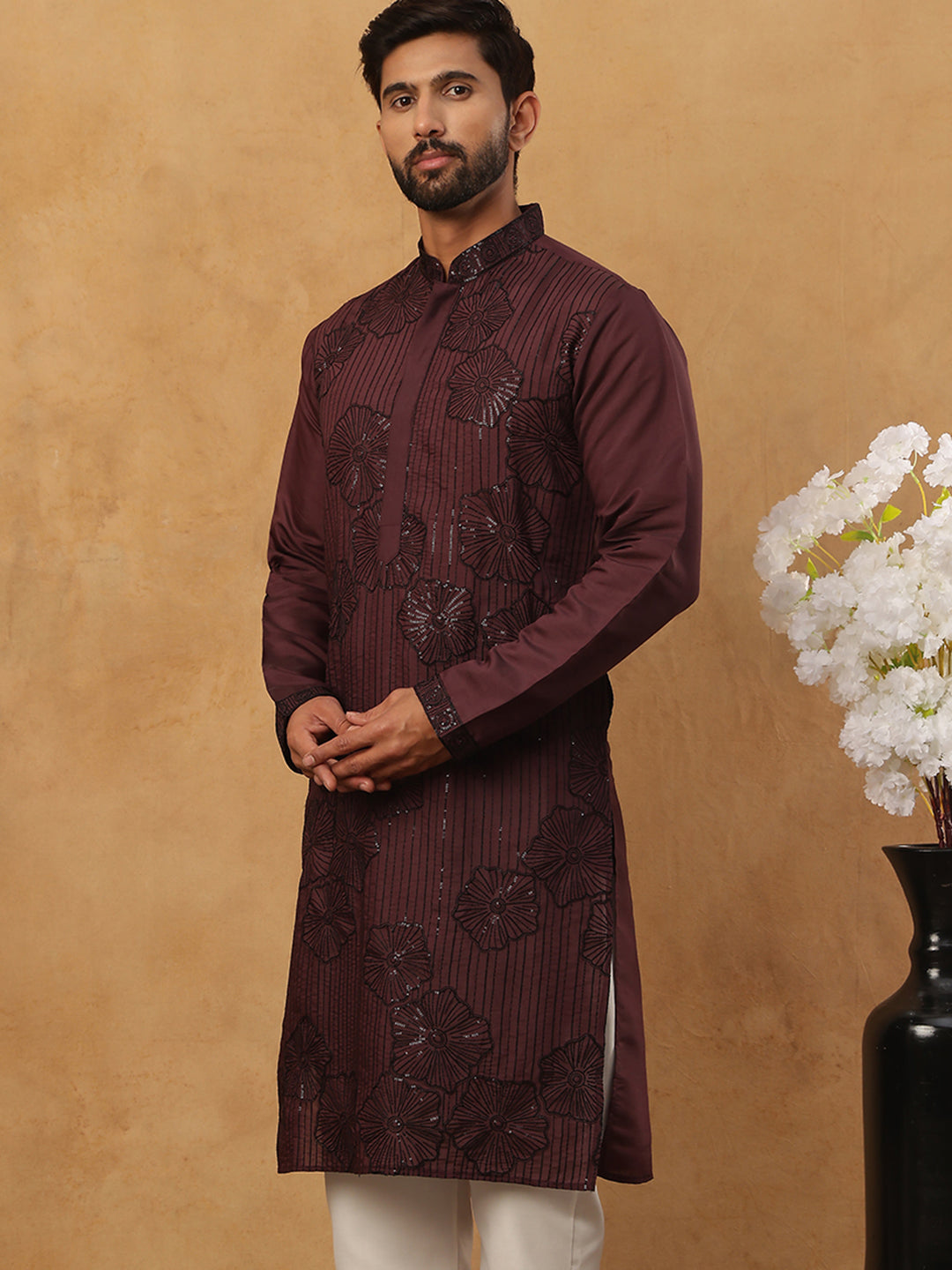 DesiQlo Men Floral Kurta Only - Maroon - 65KO_5423Maroon_S