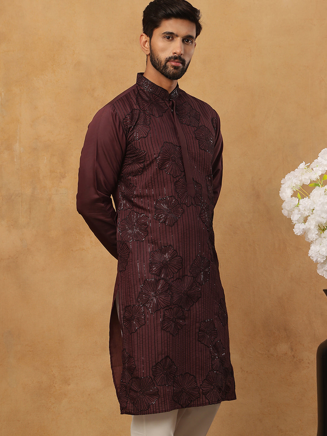DesiQlo Men Floral Kurta Only - Maroon - 65KO_5423Maroon_S