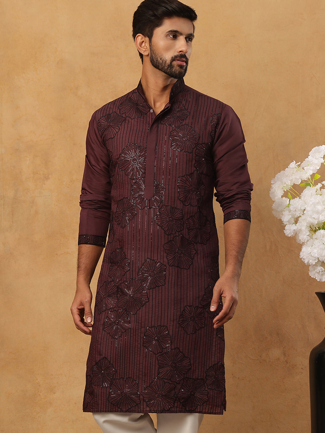 DesiQlo Men Floral Kurta Only - Maroon - 65KO_5423Maroon_S