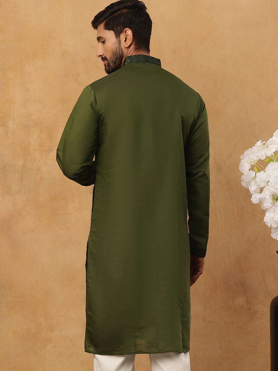 DesiQlo Men Floral Kurta Only - Green - 65KO_5423Olive_S