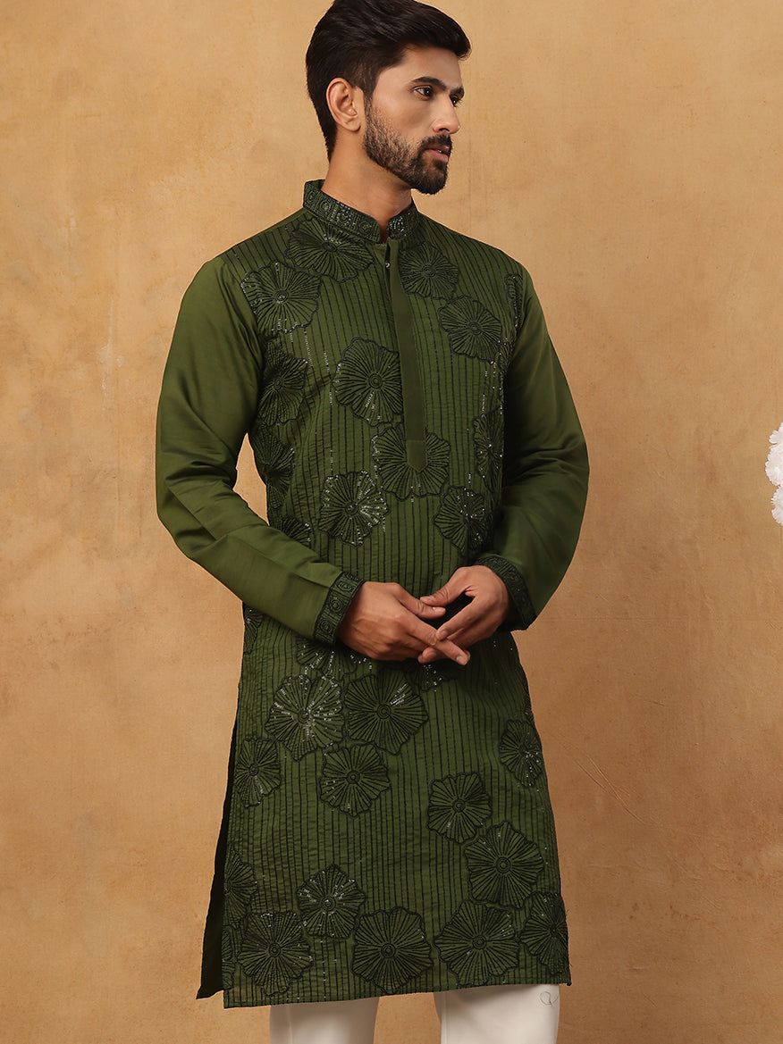 DesiQlo Men Floral Kurta Only - Green - 65KO_5423Olive_S