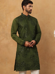 Silk Blend Embroidered Kurta (65KO 5423 Olive ) [FF] [Q-11-14]