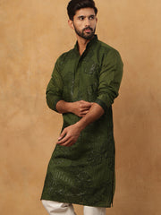 Silk Blend Embroidered Kurta (65KO 5423 Olive ) [FF] [Q-11-14]