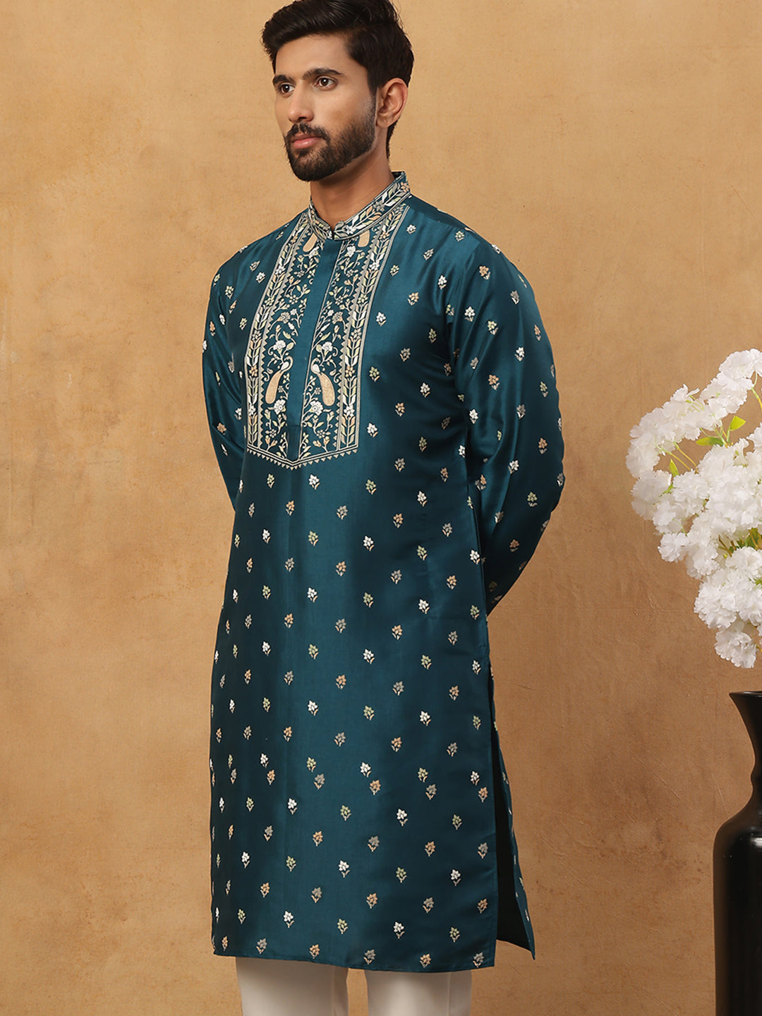 DesiQlo Men Floral Kurta Only - Multicolor - 65KO_5424Peacock_S
