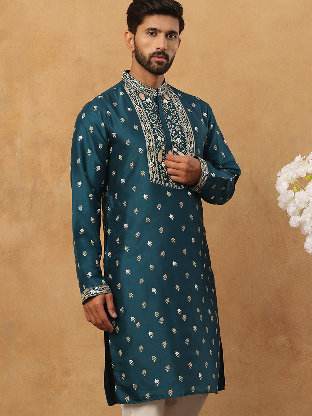 DesiQlo Men Floral Kurta Only - Multicolor - 65KO_5424Peacock_S