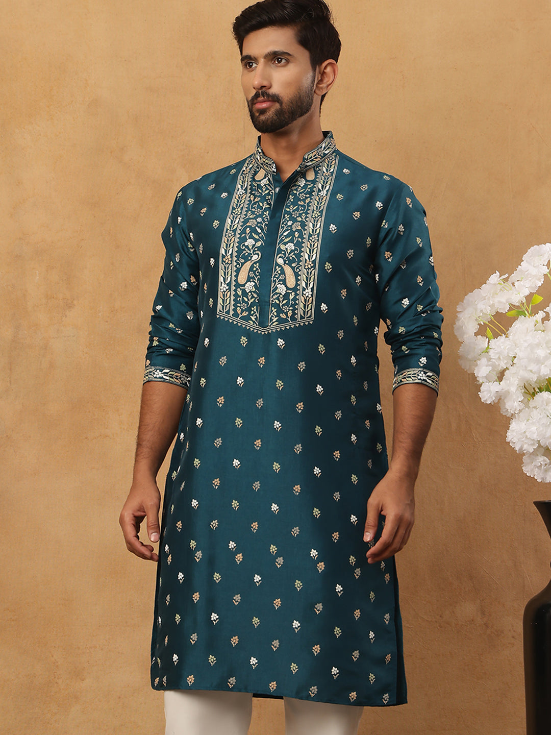 DesiQlo Men Floral Kurta Only - Multicolor - 65KO_5424Peacock_S
