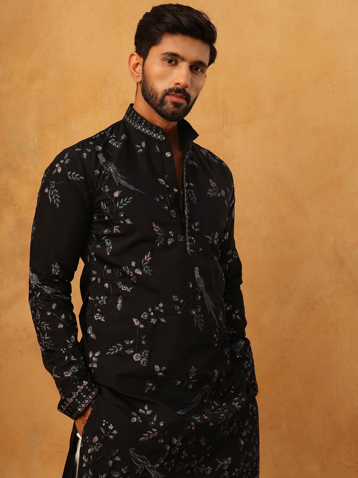 Silk Blend Embroidered Kurta (65KO 5426 Black ) [FF] [A-1-4]