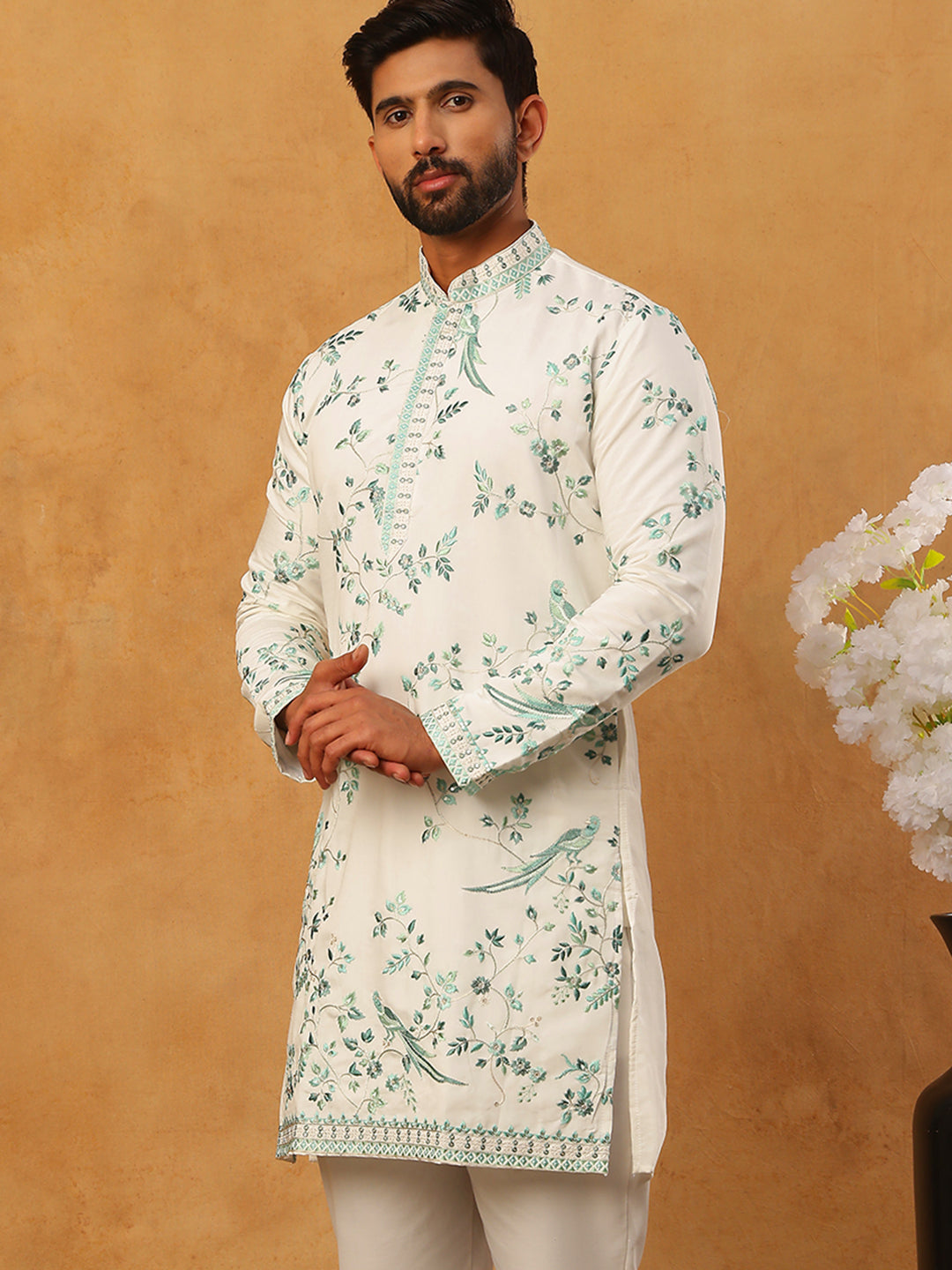 DesiQlo Men Animal Kurta Only - White - 65KO_5426White_S
