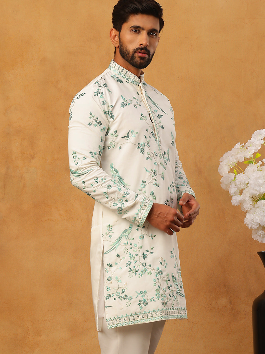 DesiQlo Men Animal Kurta Only - White - 65KO_5426White_S