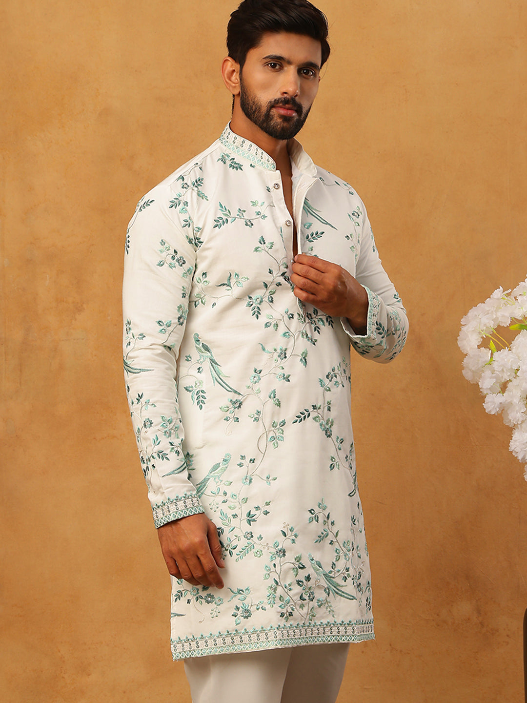 DesiQlo Men Animal Kurta Only - White - 65KO_5426White_S