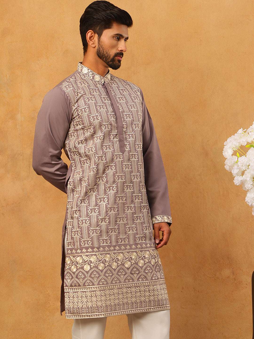 DesiQlo Men Geometric Kurta Only - Purple - 65KO_5427Purple_S