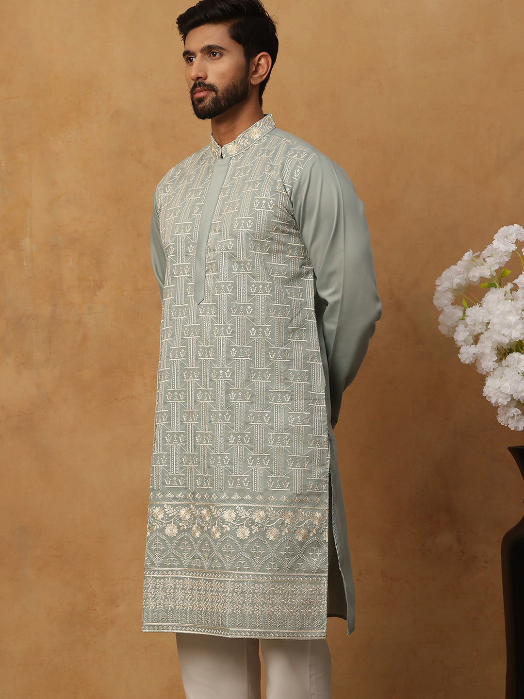 DesiQlo Men Geometric Kurta Only - Green - 65KO_5427Rama_S