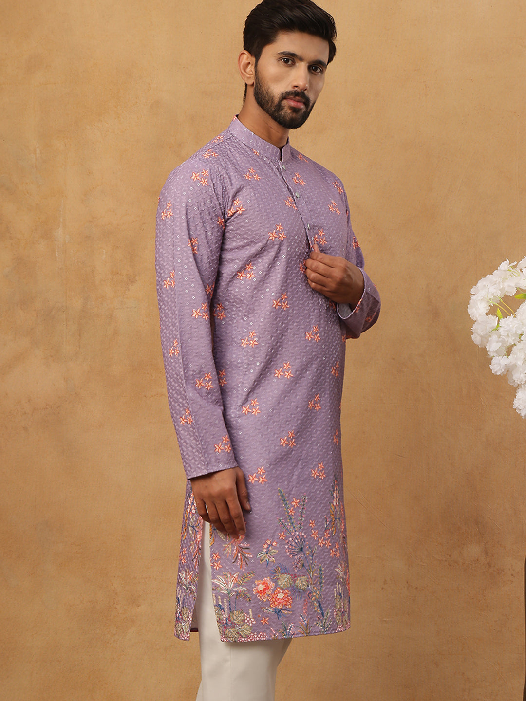 DesiQlo Men Floral Kurta Only - Purple - 65KO_5428Purple_S