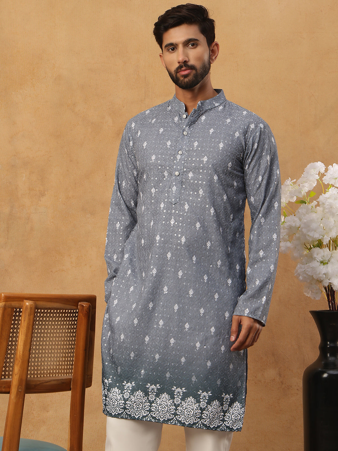 Festive Cotton Blend Printed Kurta (65KO 5429 Grey ) [FF] [Q-11-14]
