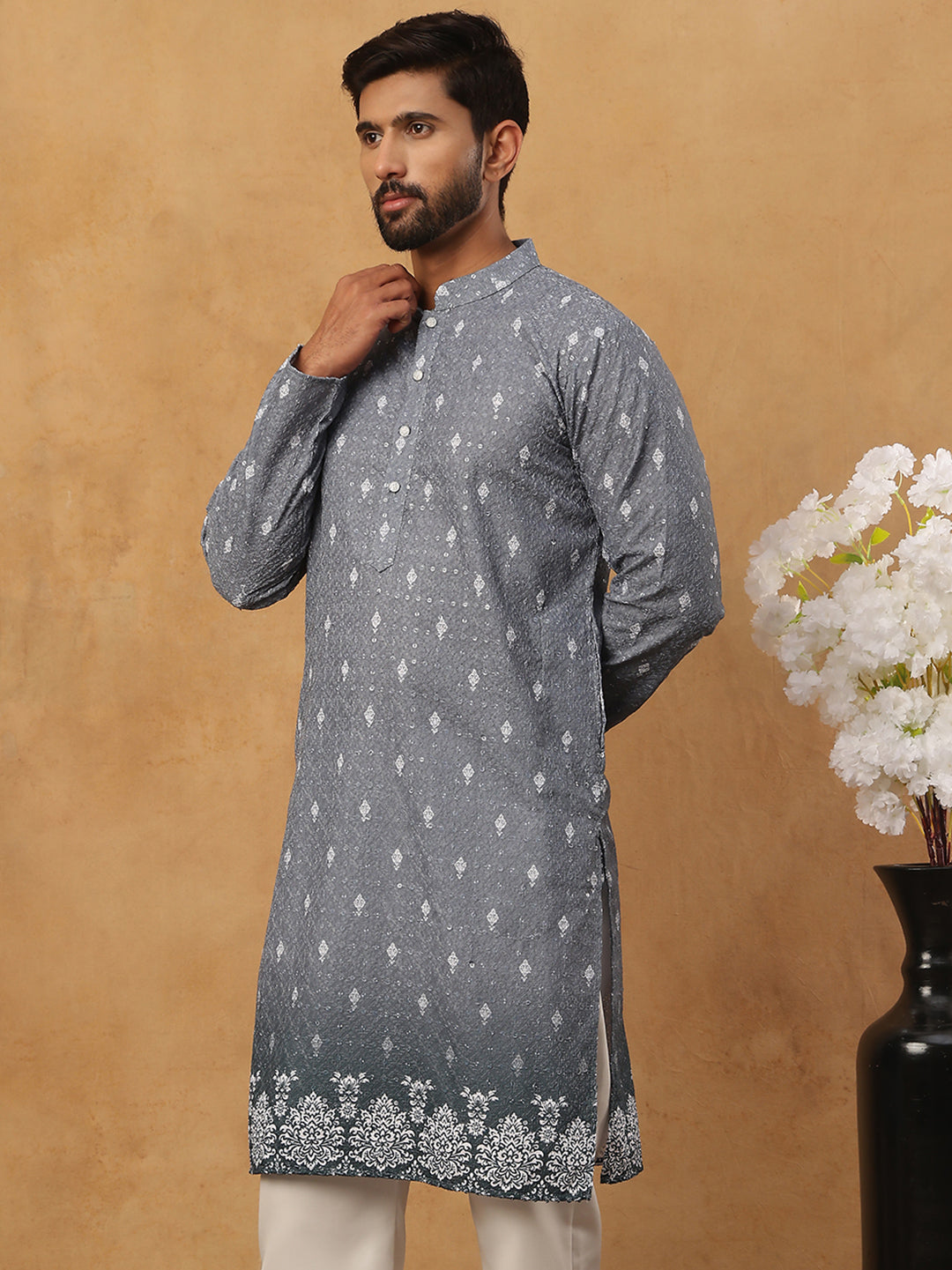 DesiQlo Men Floral Kurta Only - Grey - 65KO_5429Grey_S