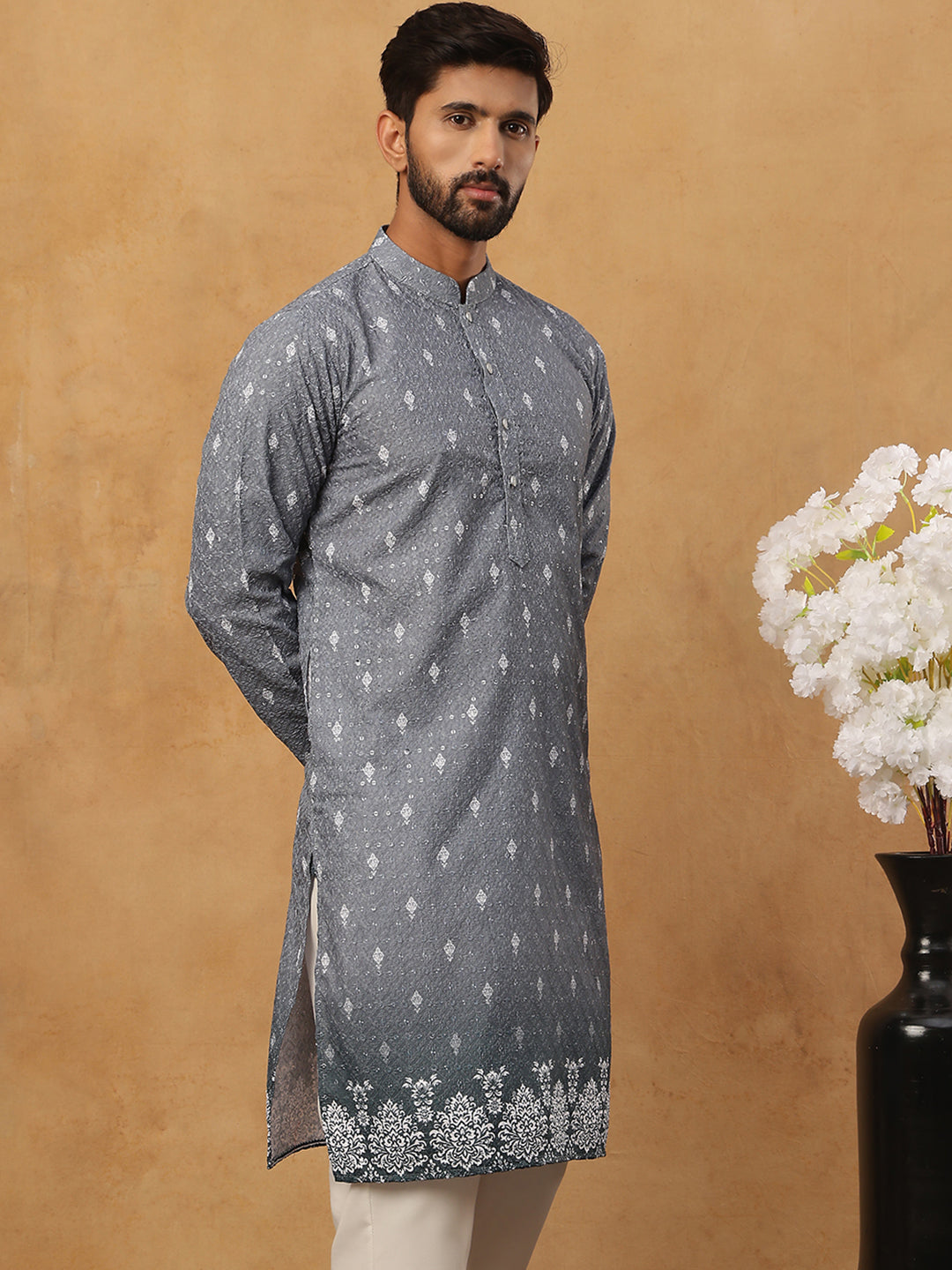 DesiQlo Men Floral Kurta Only - Grey - 65KO_5429Grey_S