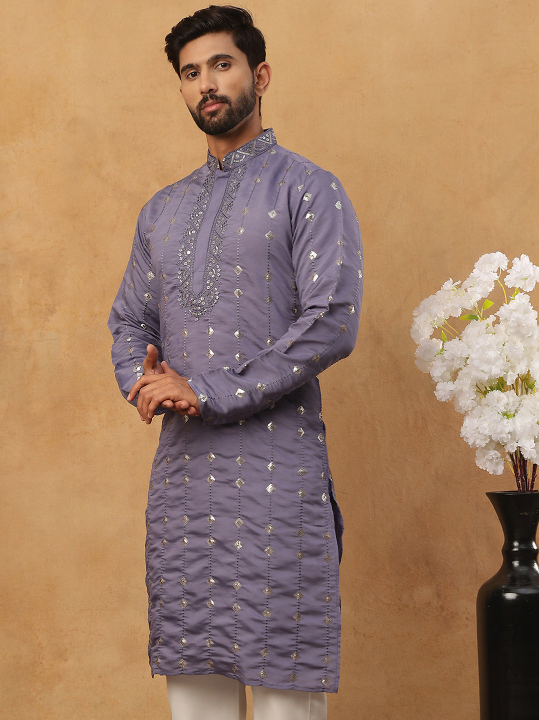 DesiQlo Men Geometric Kurta Only - Purple - 65KO_5430Purple_S