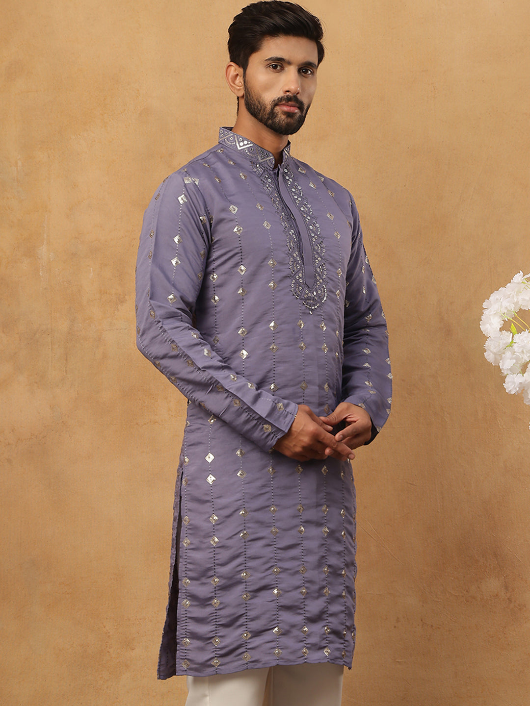 DesiQlo Men Geometric Kurta Only - Purple - 65KO_5430Purple_S