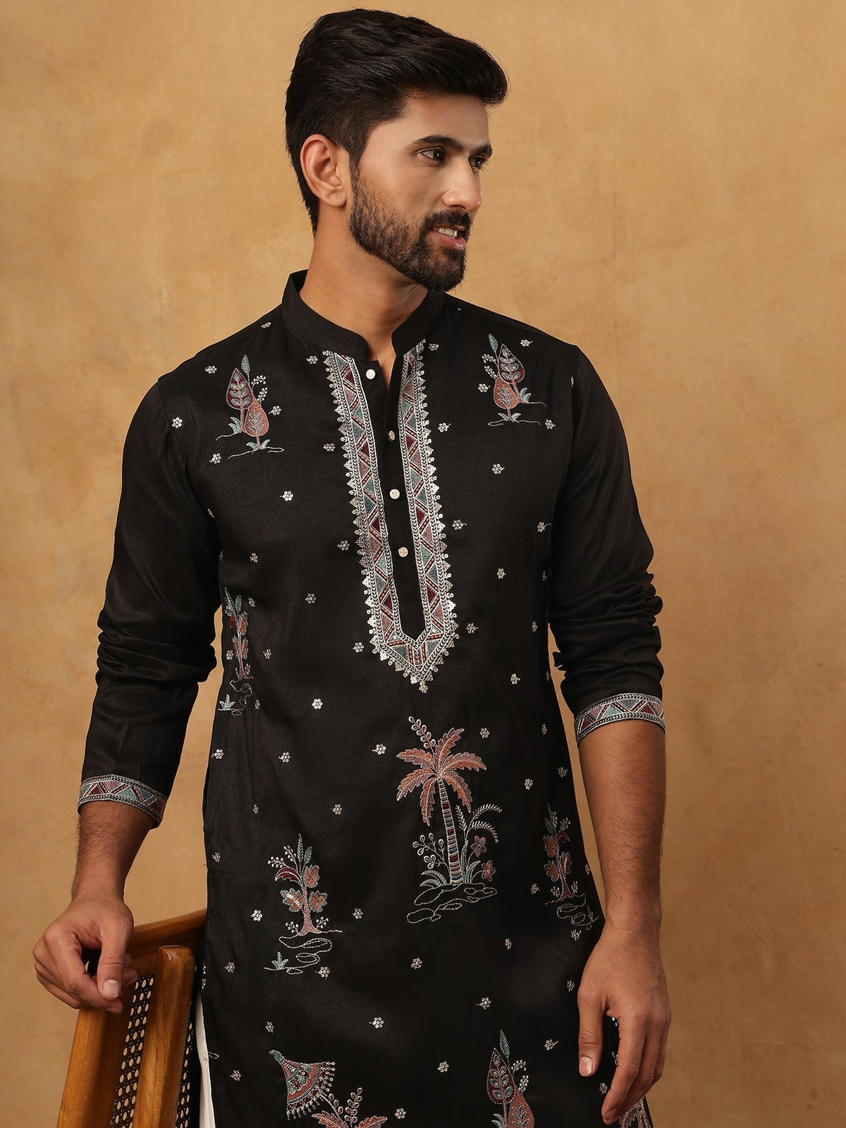 Silk Blend Embroidered Kurta (65KO 5431 Black ) [FF] [B-1-2]