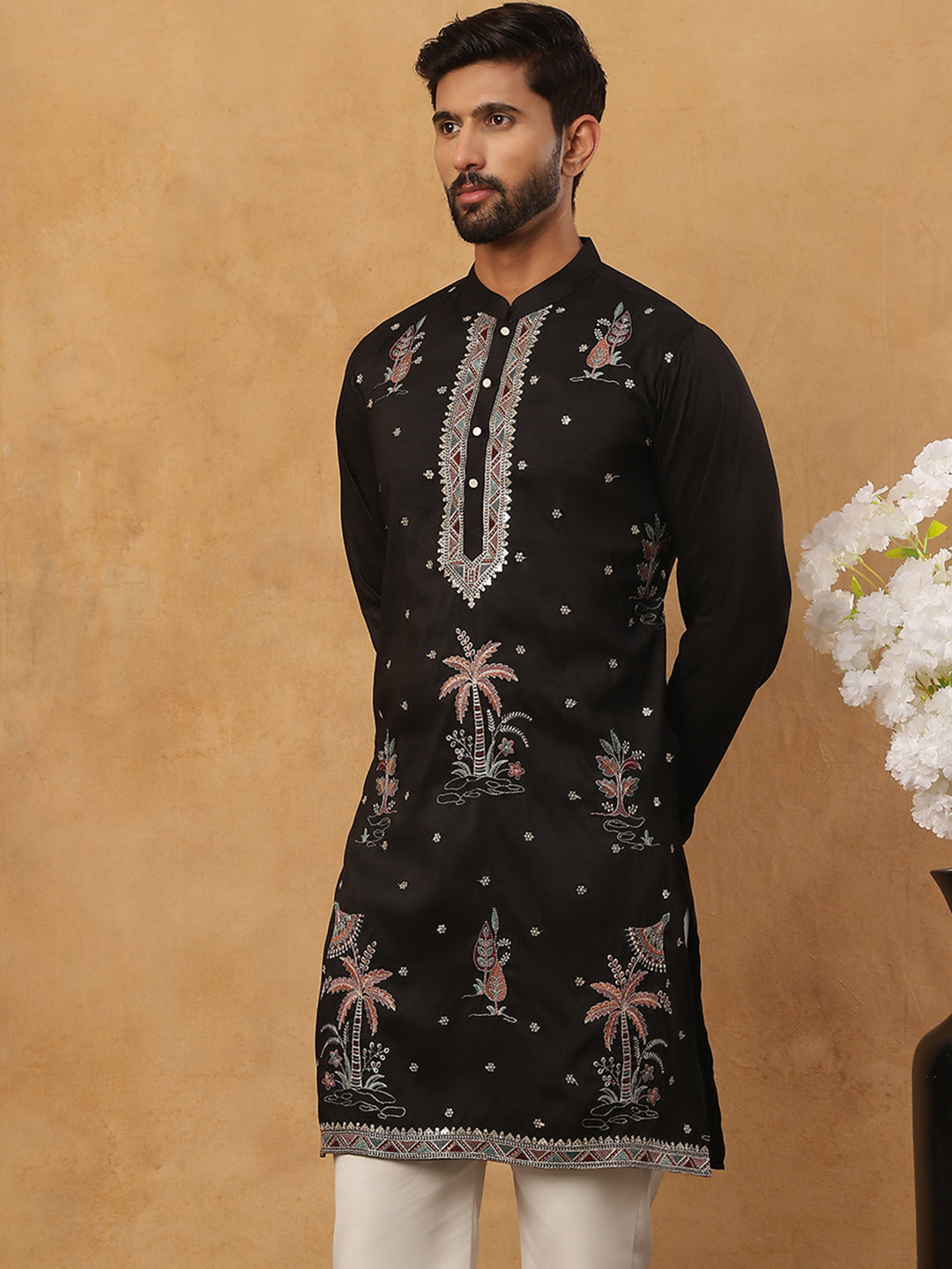 DesiQlo Men Floral Kurta Only - Black - 65KO_5431Black_S