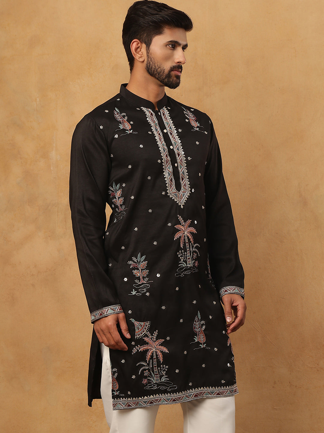 DesiQlo Men Floral Kurta Only - Black - 65KO_5431Black_S