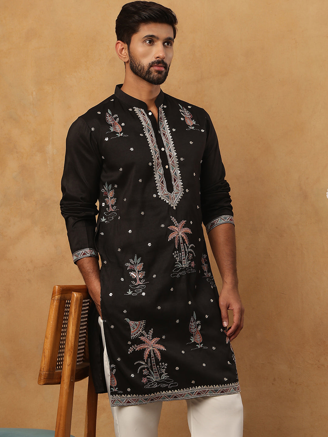 DesiQlo Men Floral Kurta Only - Black - 65KO_5431Black_S