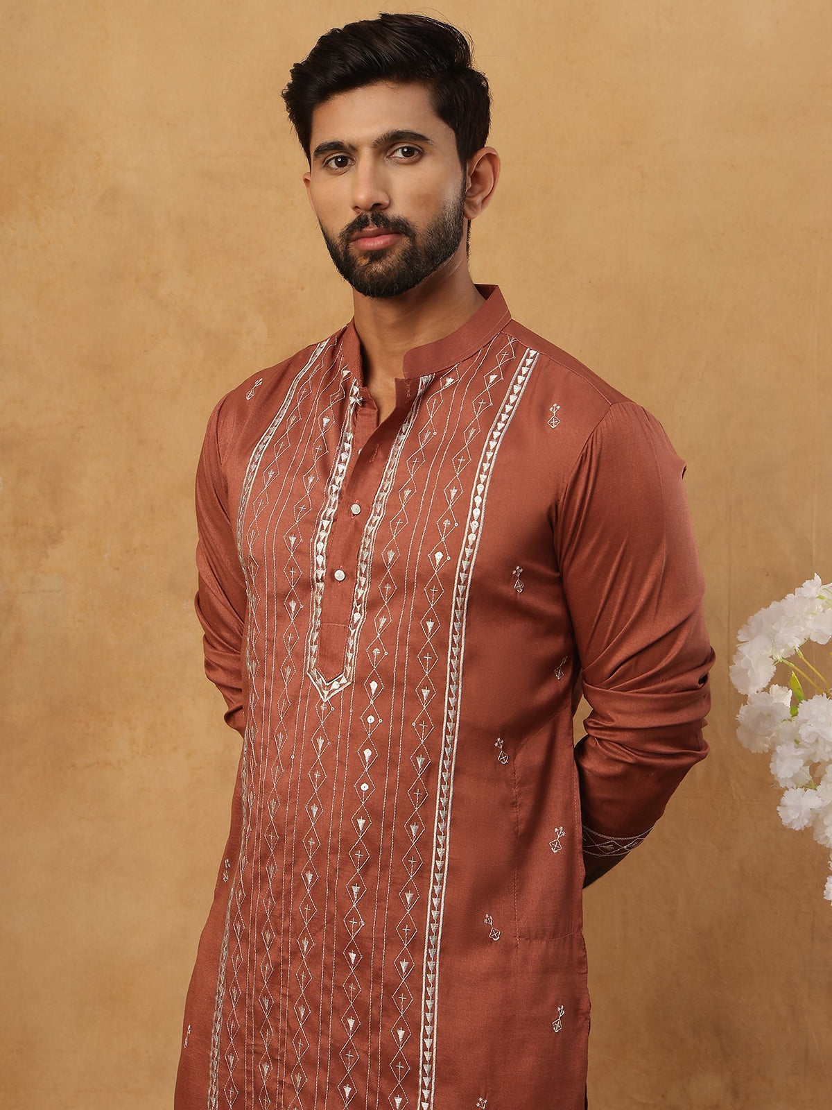 Luxury Silk Blend Thread Work Kurta (65KO 5432 Brown ) [FF] [B-9]