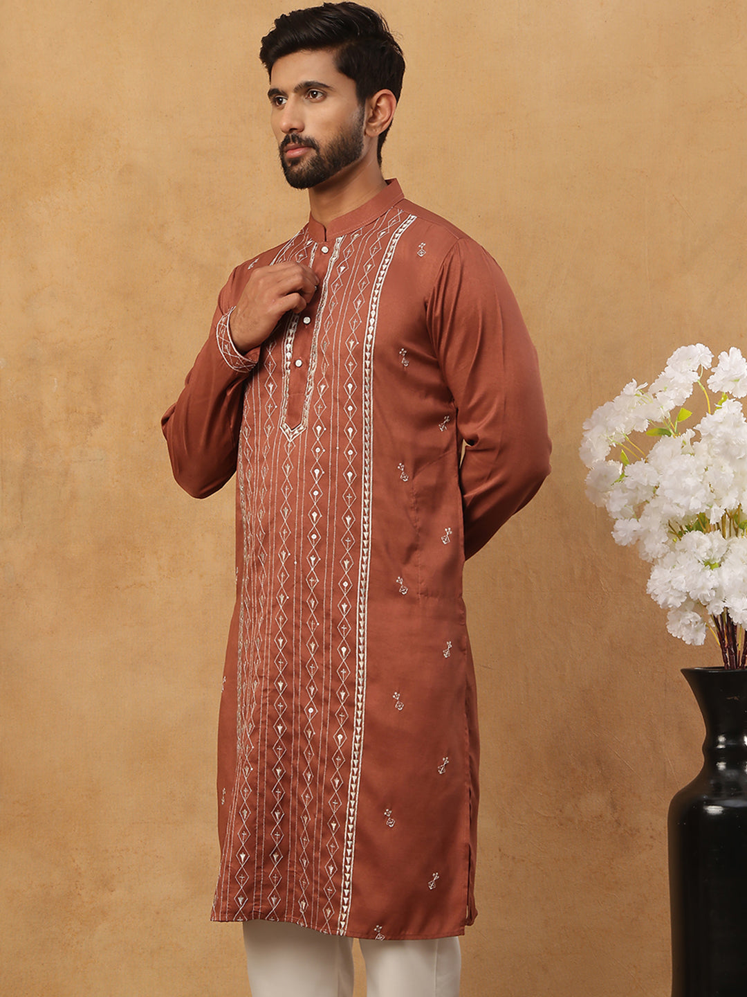 DesiQlo Men Geometric Kurta Only - Brown - 65KO_5432Brown_S
