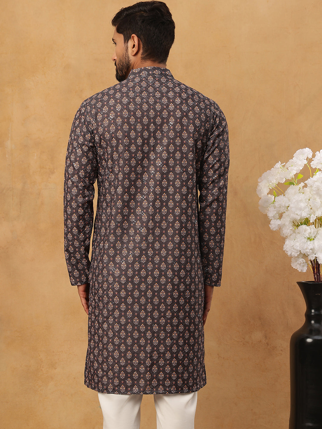 DesiQlo Men Floral Kurta Only - Grey - 65KO_5434Grey_S