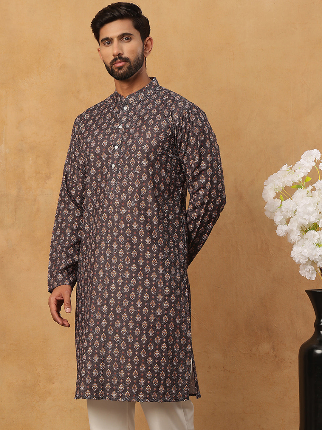 DesiQlo Men Floral Kurta Only - Grey - 65KO_5434Grey_S