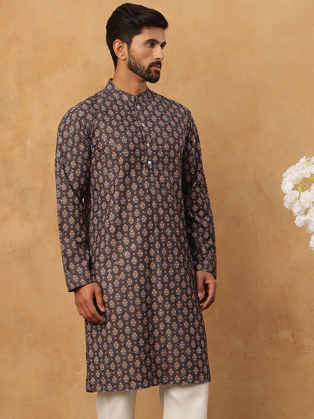 DesiQlo Men Floral Kurta Only - Grey - 65KO_5434Grey_S
