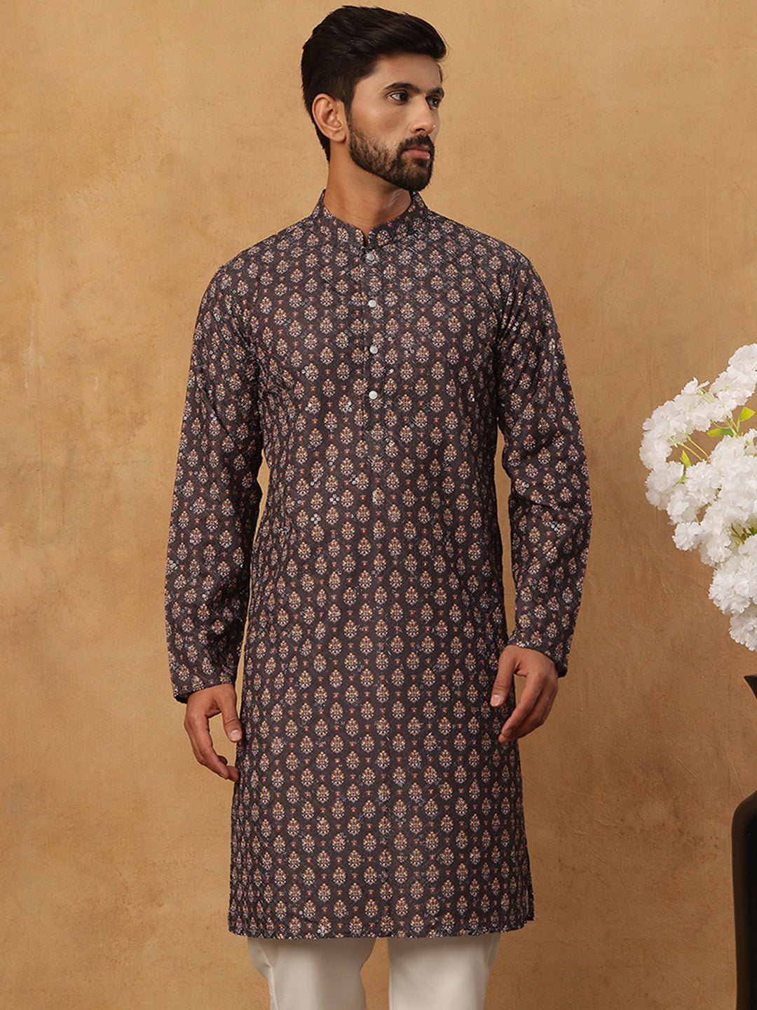 DesiQlo Men Floral Kurta Only - Grey - 65KO_5434Grey_S