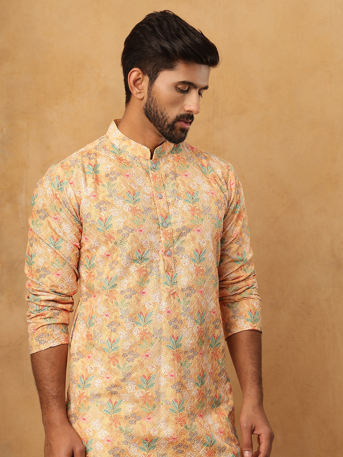DesiQlo Men Floral Kurta Only - Yellow - 65KO_5434Yellow_S