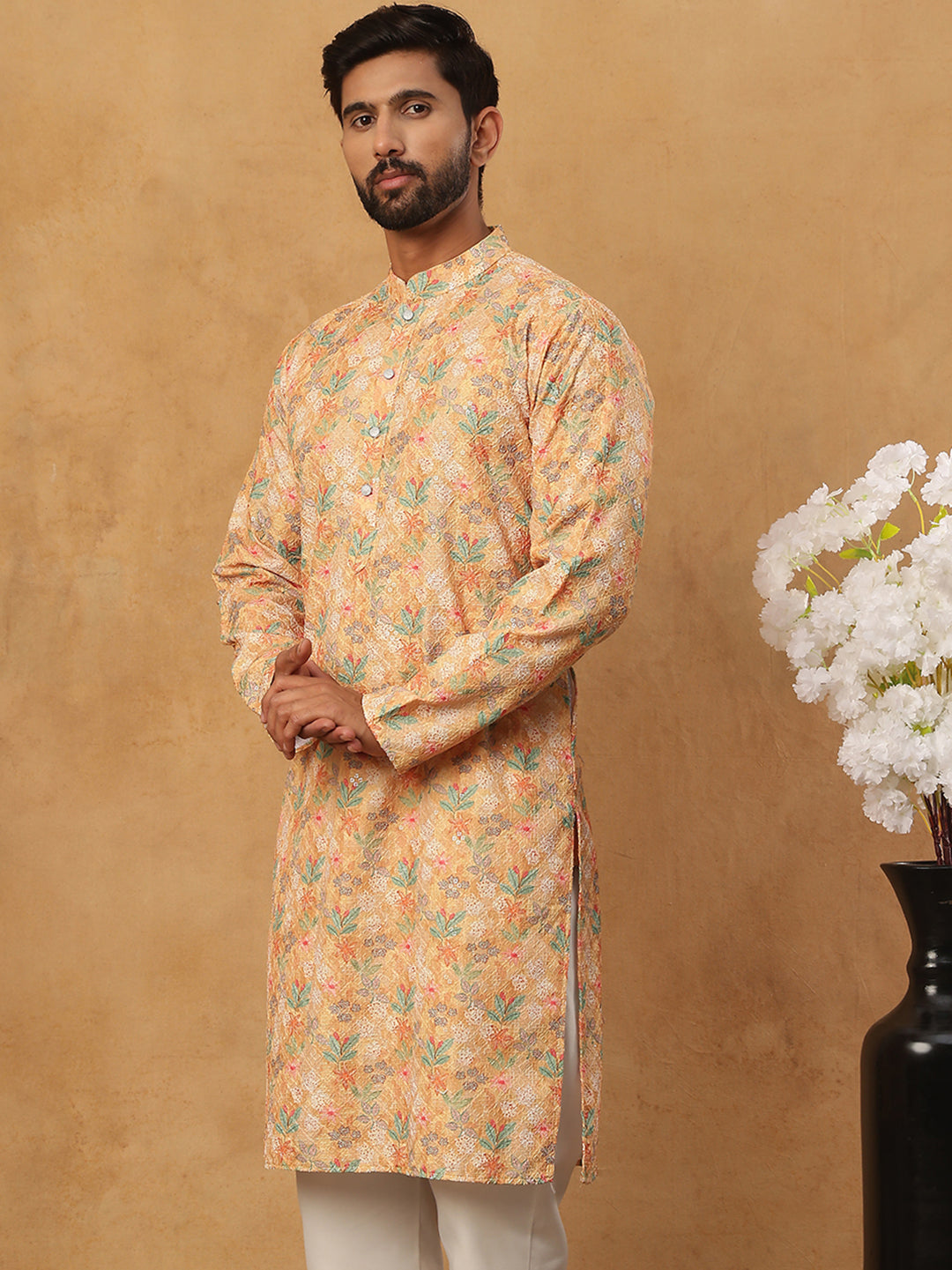 DesiQlo Men Floral Kurta Only - Yellow - 65KO_5434Yellow_S