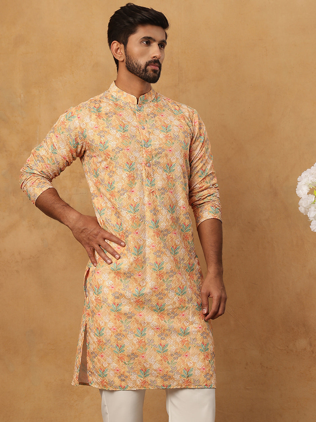 DesiQlo Men Floral Kurta Only - Yellow - 65KO_5434Yellow_S
