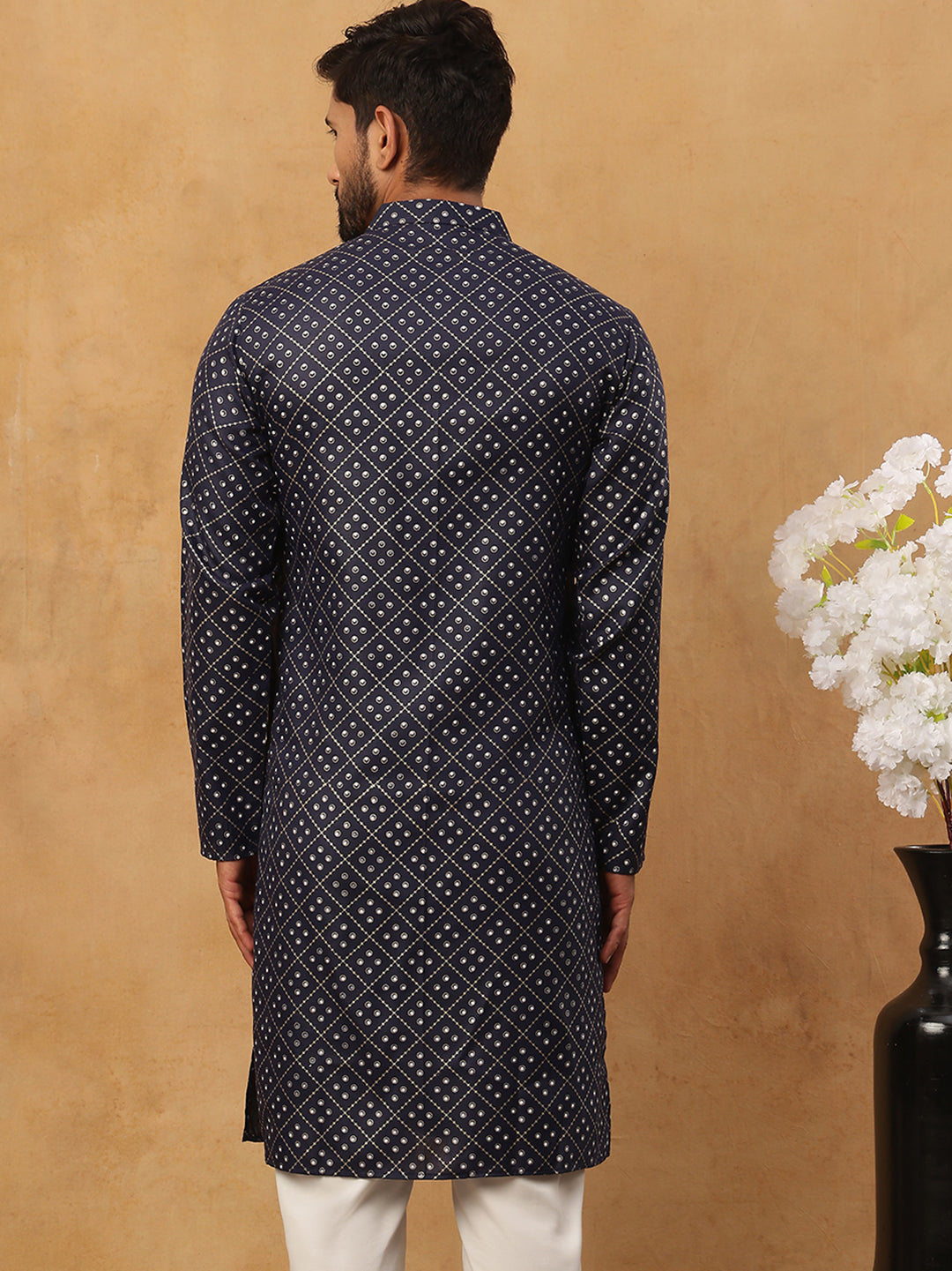DesiQlo Men Geometric Kurta Only - Blue - 65KO_5436Navy_S