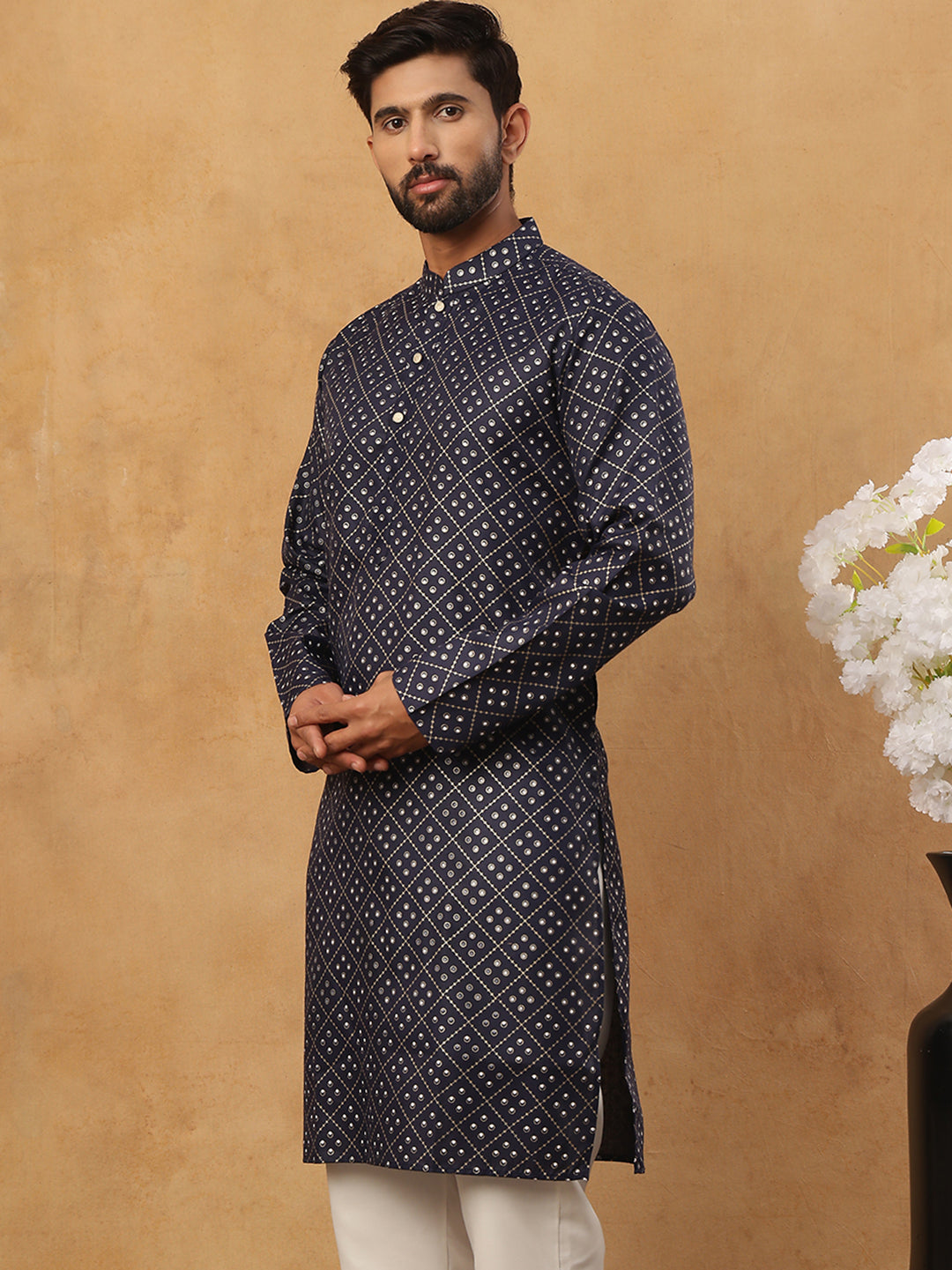 DesiQlo Men Geometric Kurta Only - Blue - 65KO_5436Navy_S