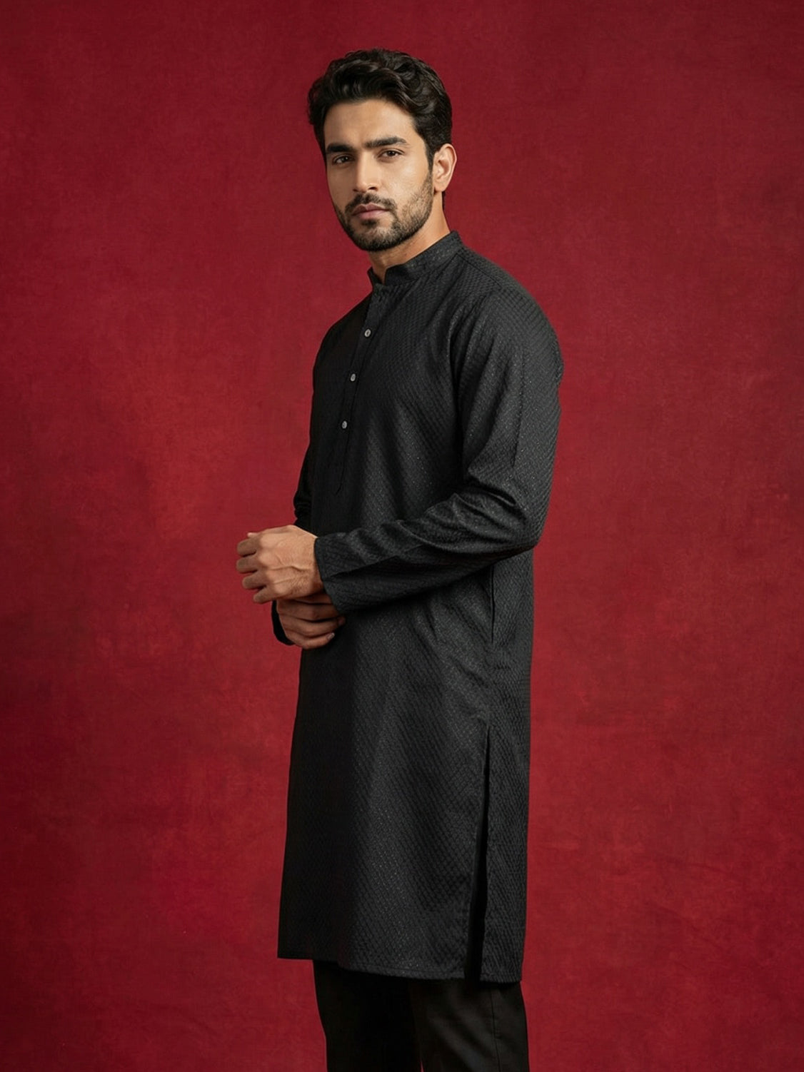 DesiQlo Men Embroidered Kurta Only - Black - 65KO_5441Black_S