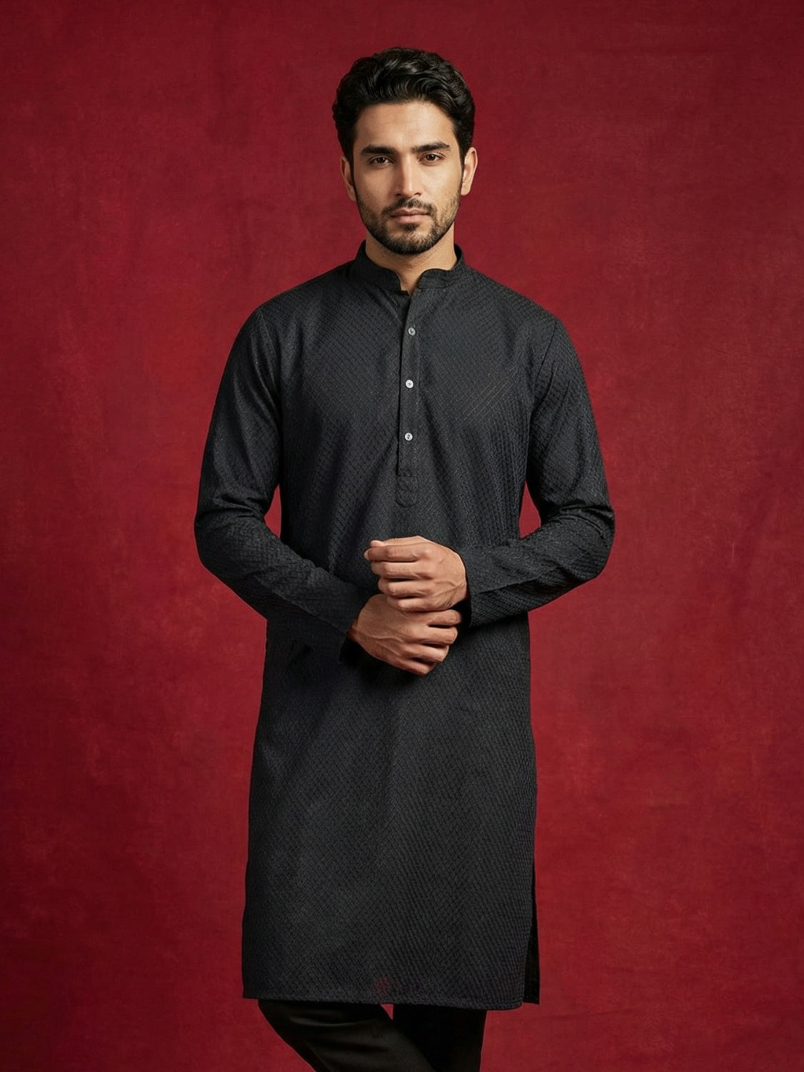 DesiQlo Men Embroidered Kurta Only - Black - 65KO_5441Black_S