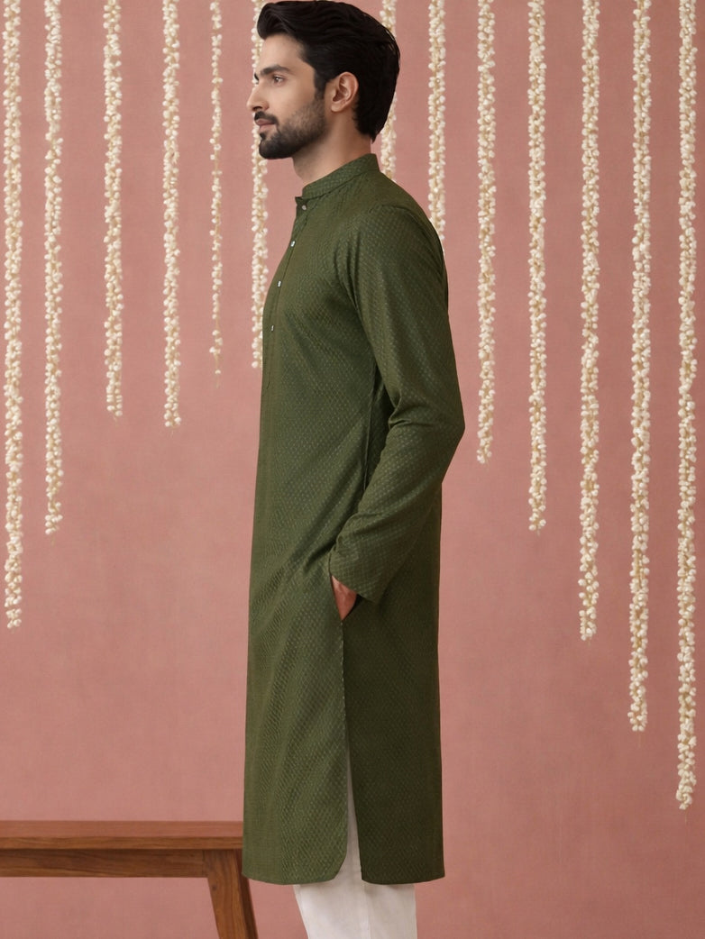 DesiQlo Men Embroidered Kurta Only - Green - 65KO_5441Olive_S