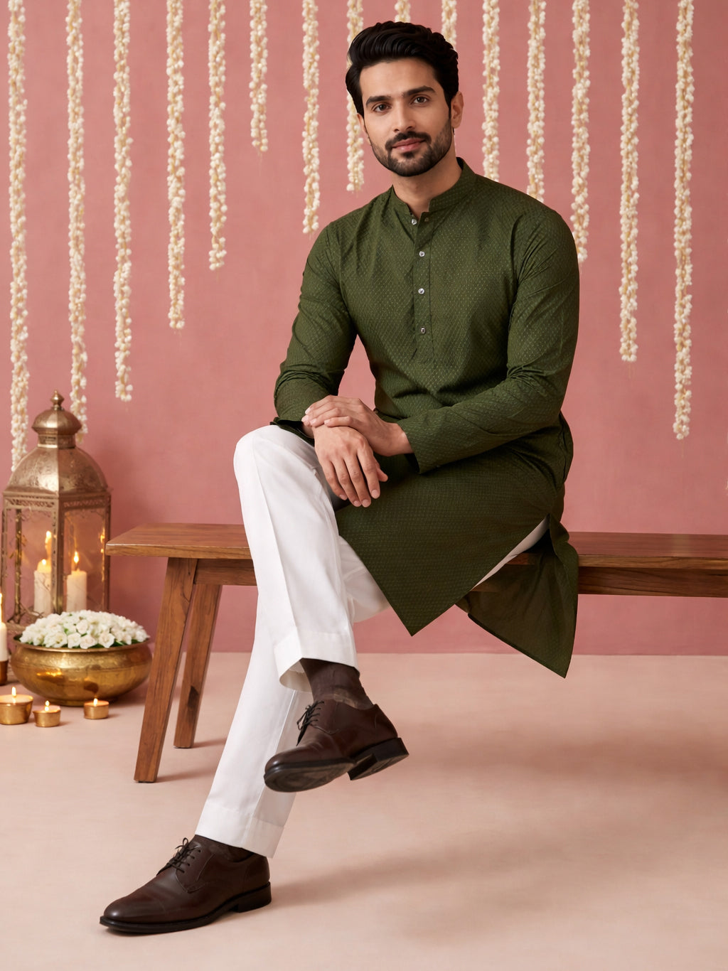 DesiQlo Men Embroidered Kurta Only - Green - 65KO_5441Olive_S
